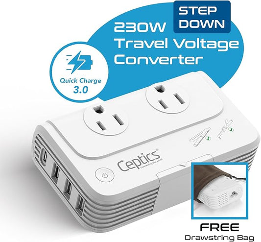 Ceptics European Travel Voltage Converter, 200W Adapter for Curling Iron, Straightener, Charger, Step Down World Power Plug - 4 USB PD 18W Fast Charging - SWadApt Compatible - Type C, E/F, G Included