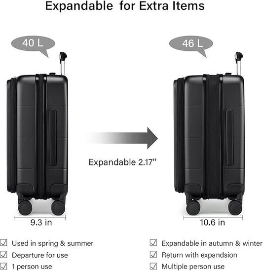 Hanke Hardside Expandable Carry On Luggage, 20 Inch Top Opening Trunk Luggages with Spinner Wheels, All-PC Hard Shell Carry-On Suitcase, Lightweight & TSA Airline Approved (Jet Black, 46L)