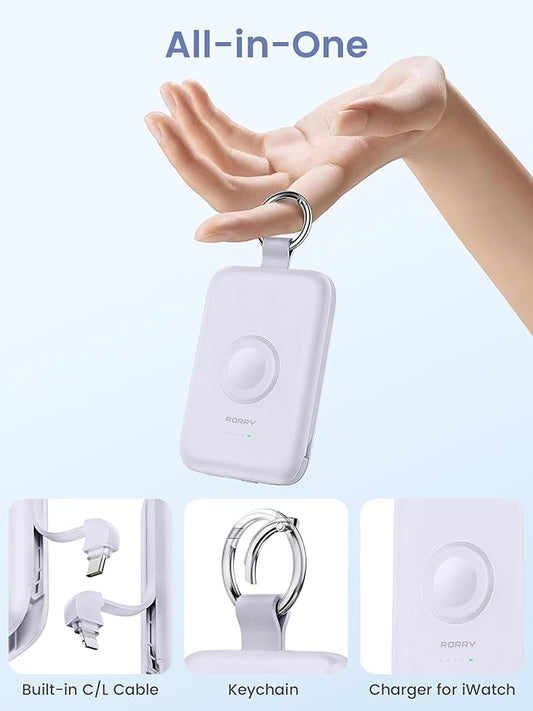 RORRY Portable Charger, 10000mAh PD 20W Fast Charging Portable Charger Power Bank with Built in Cables, Travel Battery Pack for iPhone 17/16/15/14/13/12 and Apple Watch Ultra/11/10/9/8/7/6/5, Purple