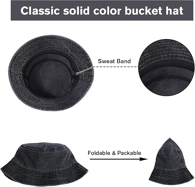 Washed Cotton Bucket Hats Packable Summer Outdoor Cap Travel Beach Sun Hat Plain Colors for Men Women