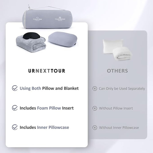 4-in-1 Travel Pillow & Blanket Set with Eye Mask, Memory Foam Neck Support, 50x65 Inch Blanket, Storage Bag for Airplane, Car, Train, Home Travel Grey