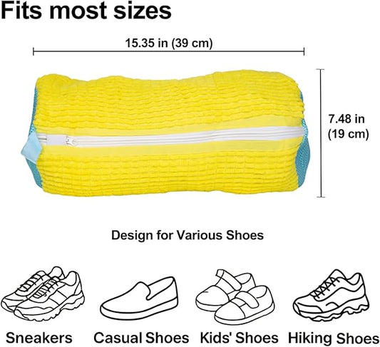 Shoe Washing Machine Bag, 4 Pcs Laundry Shoe Bags for Washer and Dryer with Chenille Liner, Large Reusable Mesh Bag for Sneakers, Gym, Tennis, Sports, Delicate, 2 Color Mix(Yellow+Gray)