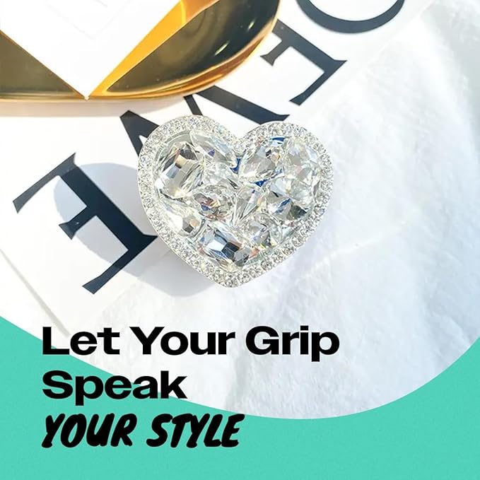 OnTheGrip Cute Cubic Diamond Heart Shape Design Collapsible Expandible Mobile Phone Grip Stand Holder for Smartphone Tablet Cell Phone Accessory (Silver Small)