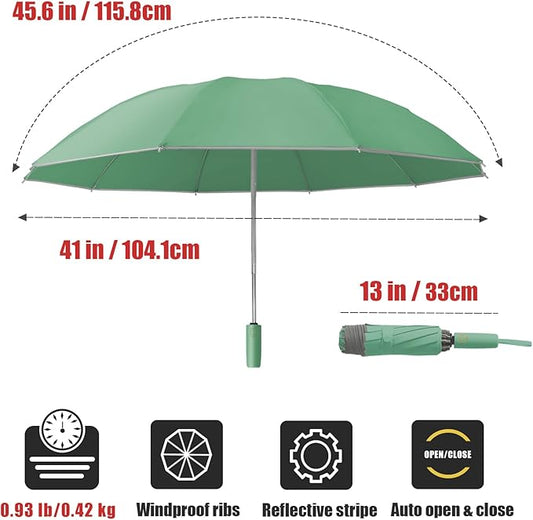 Large Windproof Travel Umbrella, Portable Reverse Folding Car Umbrella, Compact Inverted Design with Waterproof Canopy, Automatic, 10 Durable Ribs, 45.6/13 Inch, Fits Backpack