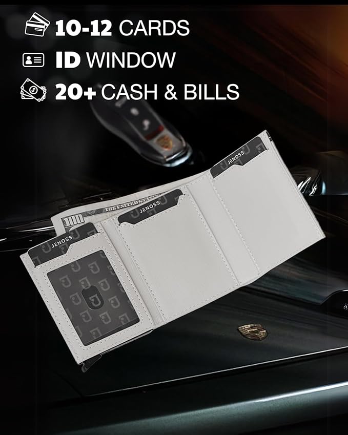 Jenoss Smart Wallet For Men & Women: Full Grain Leather, Handcrafted, Slide Metal Pop Up Case, Slim RFID Blocking Credit Card Holder Minimalist Compact 12 Cards Slot Organizers ID Clip (Grey & Black)