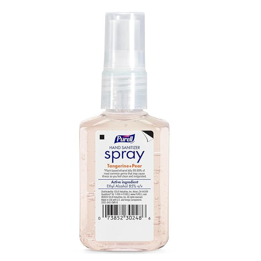 PURELL Hand Sanitizer Spray, Infused with Essential Oils, Tangerine and Pear Scent, 2 fl oz Travel-Size Pump Bottle (Pack of 6) – 2025-04-EC