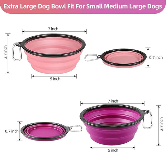 Kytely Large Collapsible Dog Bowls 2 Pack, 34oz Foldable Dog Travel Bowl, Portable Pet Water Food Bowl with Clasp, Pet Cat Feeding Cup Dish for Traveling, Walking, Hiking (Pink+Purple)