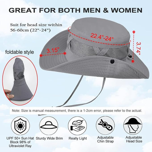 Fishing Hat UPF50+ Wide Brim Sun Hat for Men Women, Water Resistant Summer Sun Protection Safari Hat Hiking Bucket Hat