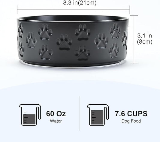 SPUNKYJUNKY Ceramic Dog Bowls 2 Pack, 8.3'' Dog Food Water Double Feeding Bowls Non-Slip for Medium to Large Sized Breed Microwave Dishwasher Safe - 60 OZ, 2pcs, Paw Black