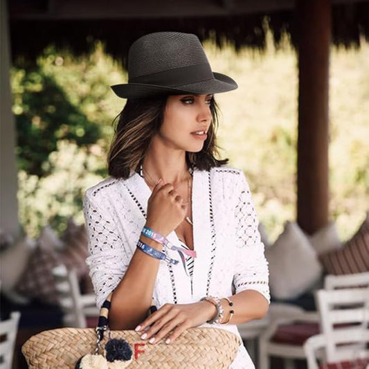 DRESHOW Women Straw Panama Hat Travel Fedora Beach Sun Hat Summer Wide Brim Straw Roll up Hat UPF 50+