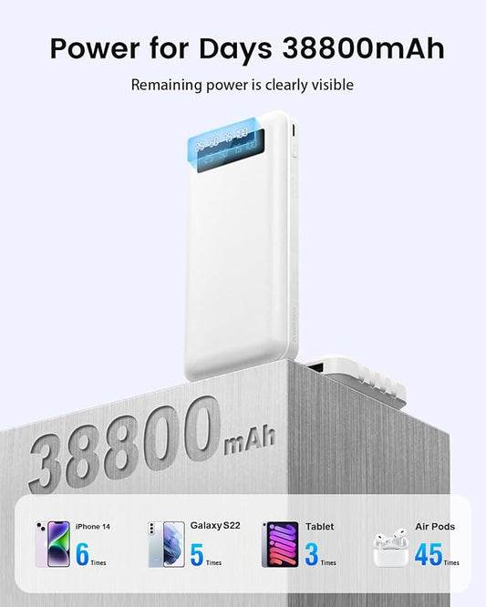 Portable Charger Power Bank with 4 Built in Cables,38800mAh 22.5W External Battery Pack, USB C Fast Charging, Travel Phone Charger for iPhone 17/16/15 Samsung Android iPad(White,38800mAh)