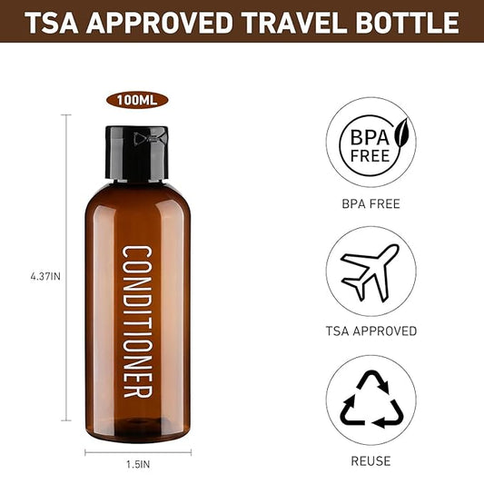 Travel Bottles for Toiletries 4 Pack 3.4oz/100ml TSA Approved Travel Size Containers Leak Proof Shampoo and Conditioner Bottles Plastic Squeeze Bottle(Brown)