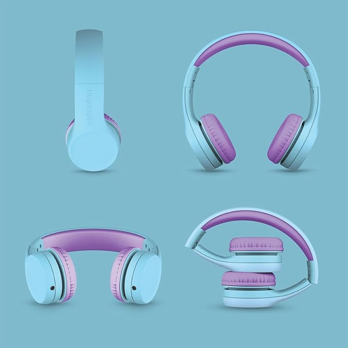LilGadgets Connect+ Foldable Headphones, Adjustable Fit Soft Touch Padding for Kids with Mic, Volume-Limited & Noise Reduction On-Ear Wired Headset for School with SharePort - Blue/Purple, Ages 3-14