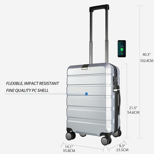KROSER Hardside Expandable Carry On Luggage with Spinner Wheels & Built-in TSA Lock, Durable Suitcase Rolling Luggage with USB Port, Carry-On 20-Inch, Silver Grey