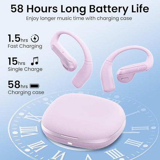 Open Ear Bluetooth 5.3 Earbuds, Wireless Headphones Sport Over Earphones Built-in Mic with Ear Hooks, 58H Playtime Ear Buds Fast Charging, IPX7 Waterproof for Running/Workout—Purple