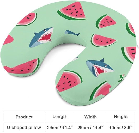 Office Nap Pillow U-Shaped Memory Foam Neck Support, Shark Watermelon Funny U-Shape, Portable Travel Car Home Rest