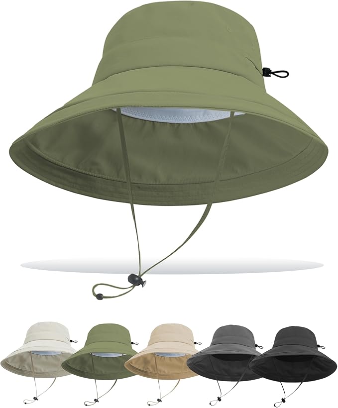 Sun Hats for Women Men UV Protection Wide Brim Bucket Hat with Ponytail Hole Waterproof Gardening Fold-Up Summer Cap