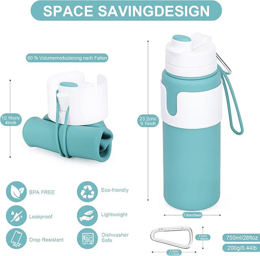 Collapsible Water Bottles for Travel - 26oz BPA-Free Foldable with Carabiner, Lightweight Leak-Proof Design, Portable Reusable Bottle for Hiking, Airplane, Camping (Green)