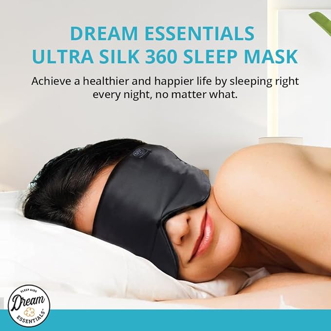Dream Essentials Ultra Silk 360 Sleep Mask, Mulberry Silk Blindfold Eye Mask with 2 Fully Adjustable Straps, Thin Profile Night Mask Great for Side, Stomach, or Back Sleepers - Black