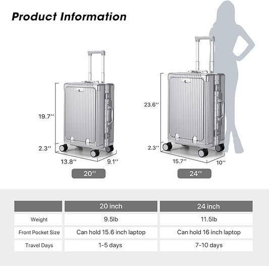 MRPLUM Front Pocket Carry On Luggage,PC Hardside Spinner Wheel Suitcase with TSA Lock,Cup Holder,Phone Holder&USB Charging Port,Silver(1 Piece)