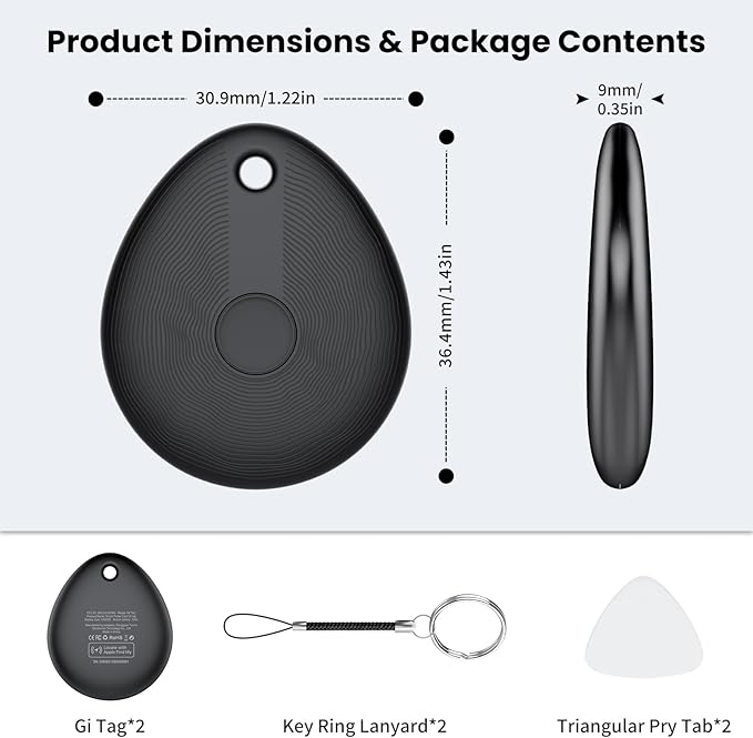 FIQI Air Tracker Tags 2-Pack (Black) – Compatible with Apple Find My (iOS Only), Bluetooth 5.4 Item Locator with Smart Tag for Wallet, Keys, Luggage & Bags, 90 dB+ Alert, 7g Lightweight, Matte Finish