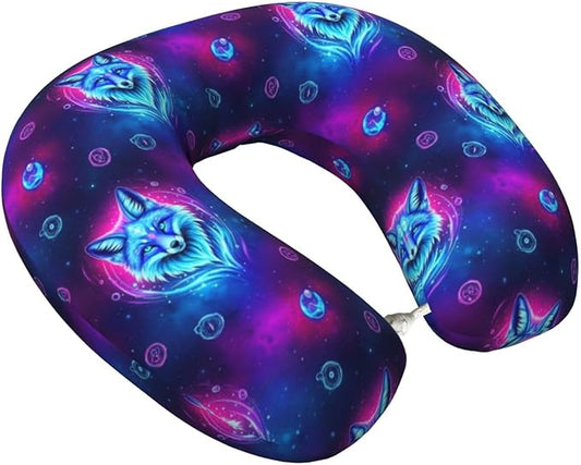 Travel Neck Pillow for Pain Relief Sleeping, Purple Blue Fox Galaxy Starry Sky, Comfortable Memory Foam Chin Head Cushion Support with Zip Cover, Fashion Car Flight Pillows