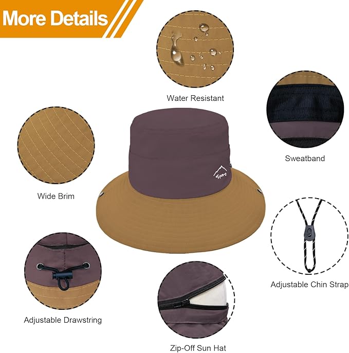 Sun Hats for Women Bucket Hat UV Protection Fishing Hat Wide Brim Safari Hats 2 in 1 Zip-Off Sun Visor Hats UPF 50+