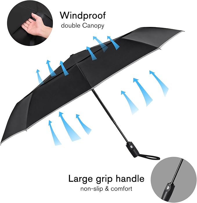 G4Free 42 Inch Eco Windproof Folding Umbrella for Rain & Sun 9 Ribs Wind Resistant Strong Fiberglass Double Canopy with Reflective Strip for Women Men Auto Open Close For Car & Backpack