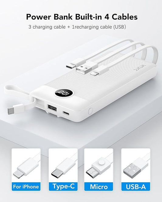 VRURC Portable Charger Power Bank, 10000mAh Travel Essentials Battery Pack, 5 Outputs 2 Inputs Slim Charing Bank Built-in Cables Cords Wires Compatible with iPhone,Samsung,Android-White(1 Pack)