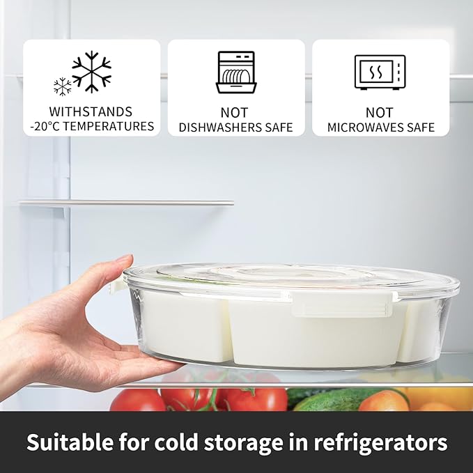 Divided Serving Tray with Lid and Handle, Portable Snackle Box, 6 Compartment Food Container, Travel Snack Box Container for Veggie, Fruit, Candy and Charcuterie