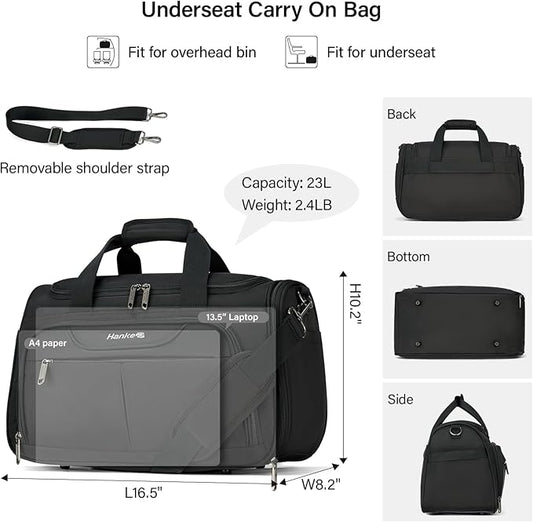 Hanke Underseat Carry On luggage Bags for Travel, Foldable Travel Bags for Women, Soft Lightweight Personal Item Travel Bag Small Carry On Bags for Airplanes, Travel Tote Bags for Women Men.(Black)