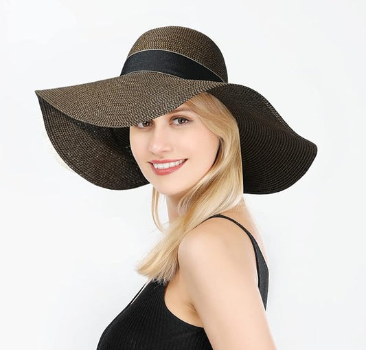 Lanzom Womens Wide Brim Straw Hat Big Floppy Foldable Roll up Cap Beach Sun Hat UPF 50+