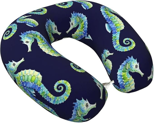 Memory Foam Airplane Pillow Seahorses for Car Chin Head Neck Supporting, U Shape Pillows Travel Cushion for Office, Nap Sleeping