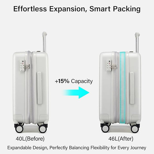 Hanke Expandable Carry On Luggage 22x14x9 Airline Approved, 20 Inch Hardside Luggage with Spinner Wheels, All-PC Hard Shell Carry-On Suitcase, Lightweight & TSA Approved (Smoke White, 46L)