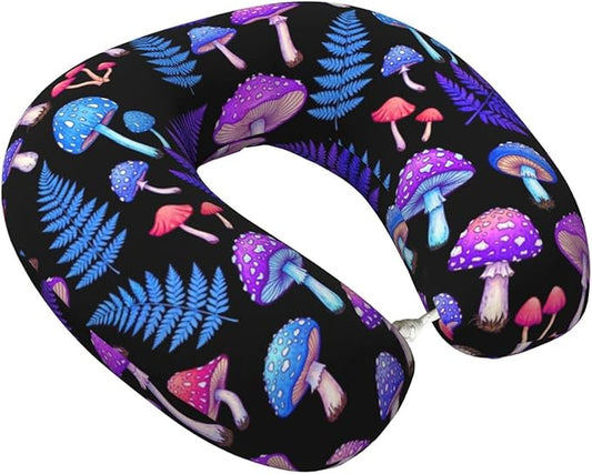 Travel Pillow for Men Women, Washable Relax U Shaped Neck Pillows for Car Head Pain Relief Sleeping Trippy Purple Blue Mushrooms