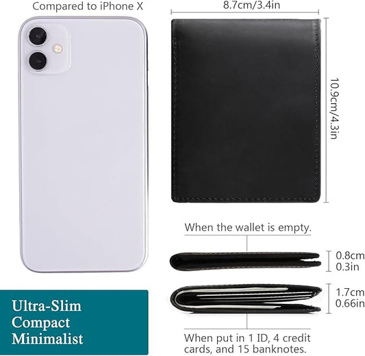 LnxLtw Men's Slim RFID Blocking Front Pocket Wallet | Minimalist Ultra-Thin Genuine Leather Bifold Wallet for Traveler with ID Window & Gift Box | Compact Black Credit Card Holder