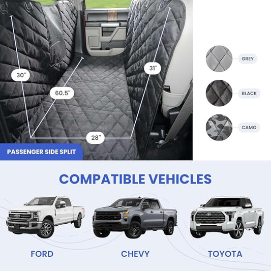 4Knines Dog Floor Hammock For Truck & Crew Cab with Fold Up Seats – Back Seat Pet Cover for Dogs – Compatible with Ford F-150, Ram, GMC, Chevrolet, Toyota Full Size Trucks (Passenger Side Split, Camo)