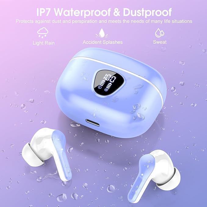 Wireless Earbuds, Bluetooth 5.4 Headphones HiFi Stereo, Bluetooth Earbuds with ENC Noise Cancelling Mic, IP7 Waterproof in Ear Earphones, 48H, LED Display Ear buds for Pad Phones Workout, White Purple