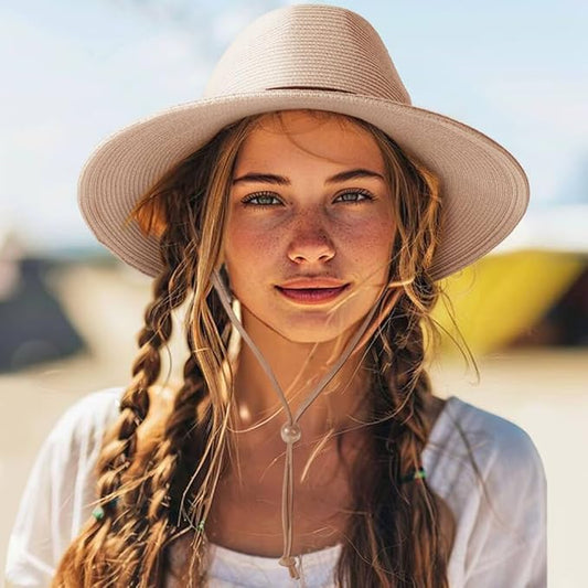 DRESHOW Women Straw Panama Hat Travel Fedora Beach Sun Hat Summer Wide Brim Straw Roll up Hat UPF 50+