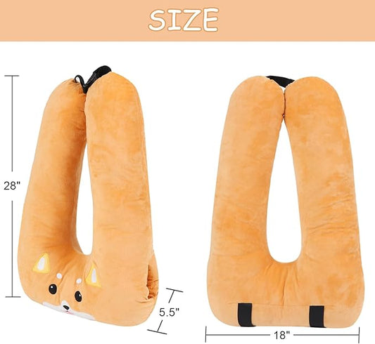 Kids Travel Pillow for Car Seat with Hand Muff, Cartoon Neck & Headrest Seat Belt Pillow for Car Road Trips Long-Distance Travel Sleeping Pillow for Adults and Children, Corgi