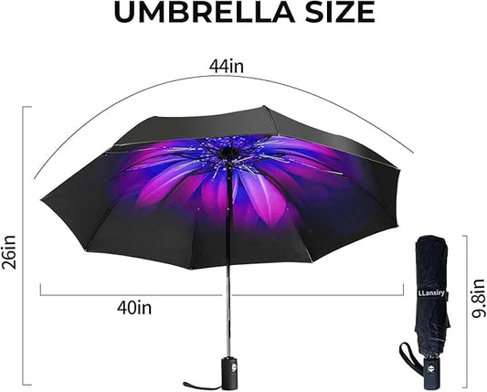 LLanxiry Compact Travel Umbrella, 44" Canopy, Automatic Open/Close Windproof Umbrella, 210T Pongee, 8-Rib Fiberglass, Travel Size Mini, Portable Rain/Sun Umbrellas UPF 50+ with Cover