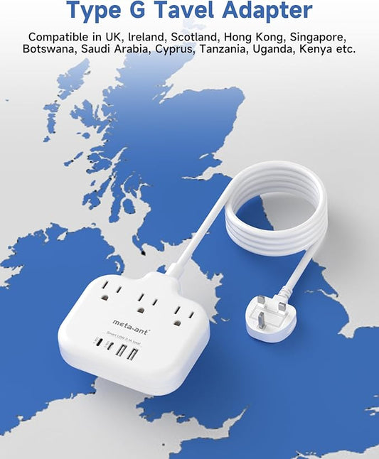 Type G Adapter for Travel,meta-ant US to UK Travel Adapter with 3ft Extension Cord,3 Outlets 4 USB(2 USB-C), Type G UK Ireland Travel Plug Adapter to British Scotland England London Hong Kong Dubai