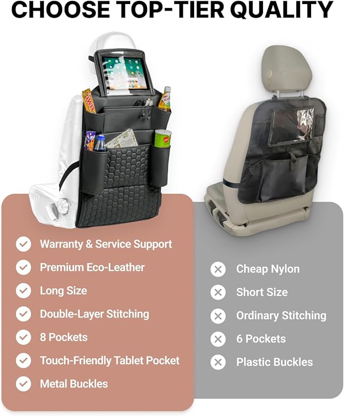 Owleys Back Seat Car Organizer for Kids, Front Passenger Caddy, Center Row Vehicle Storage with Pockets – Premium Eco Leather, 8 Compartments, Black Travel Accessory for SUV, Truck, Sedan, Van, Jeep