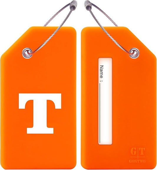 Gostwo 2 Pack Silicone Luggage Tags for Suitcases, 26 Initial Letter Baggage Labels Handbag School Bag Suitcase Instrument Tag with Stainless Steel Loop(Orange)(Letter T)