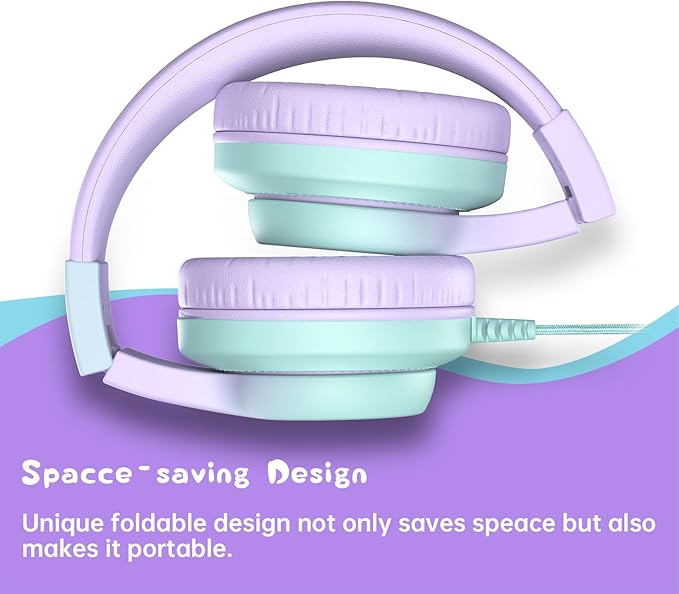 Kids Headphones, Wired Headphones for Kids Over Ear with Microphone, 85/94dB Volume Limiter Headphone for Girls Boys, Foldable Headphone for Learning & Entertainment,Gradient Purple