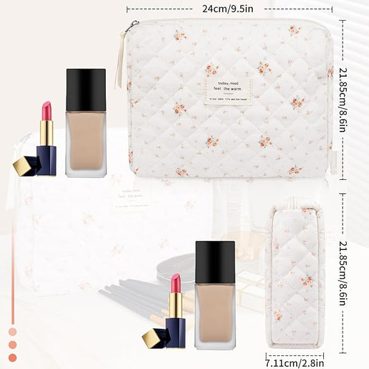 Floral Makeup Bag, Small Cosmetic Bag for Women Girls, Cute Cotton Makeup Bag, Quilted Makeup Bags, Flower Travel Toiletry Organizer Bag(Rose Pattern)