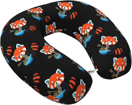 Unique Travel U Shaped Pillows Red Panda Eating Ramen for Airplanes Car Flight, Comfortable Chin Head Neck Cushion Supporting, Polyester Removable Cover