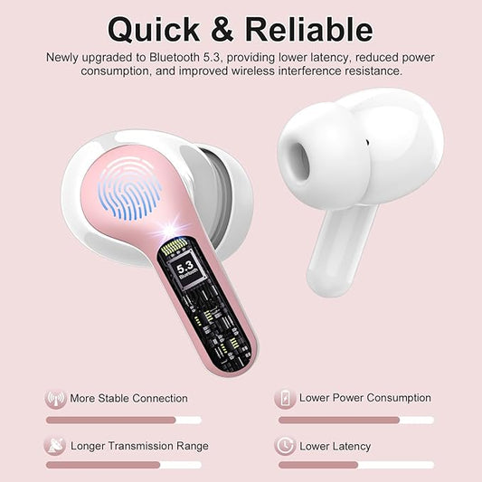 Wireless Earbuds, Bluetooth 5.4 Headphones HiFi Stereo, Bluetooth Earbuds with ENC Noise Cancelling Mic, IP7 Waterproof in Ear Earphones, 48H, LED Display Ear Buds for Pad Phones Workout Sports, Pink