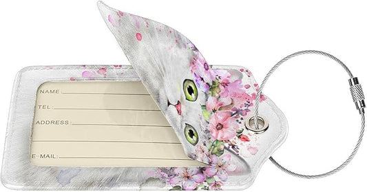 2 Pcs Cute White Cat with Pink Flowers Pattern Leather Luggage Tags, Funny Animal-Themed Suitcase Labels Bag Tag Name ID Labels with Privacy Cover for Teen Kids Adults