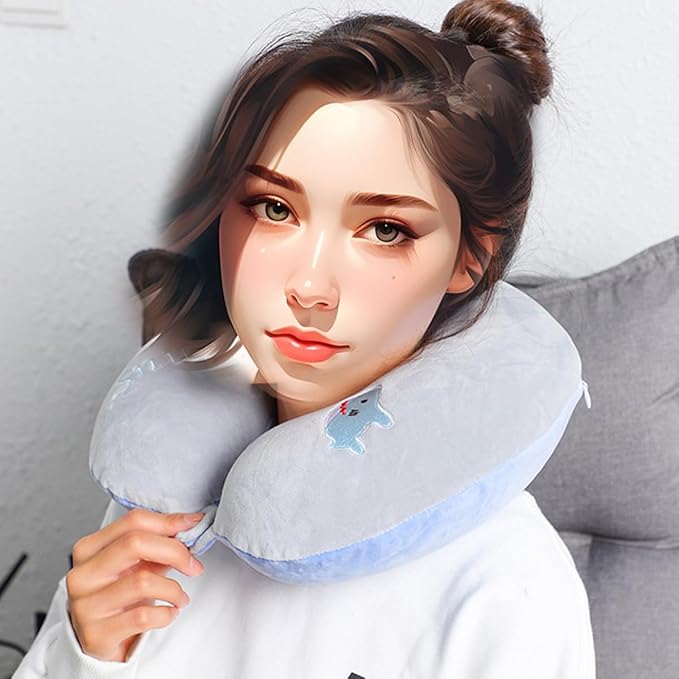 Kids Neck Pillow for Travel with Sleep Eye Mask, Cute Travel Neck Pillow, Memory Foam Flight Sleeping Headrest Pillow for Boys & Girls, Airplane, Train, Car, Home Use - Little Shark